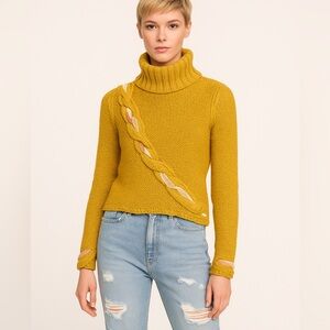 FiFi Collection Mustard Cable Knit Turtleneck Sweater Braiding Embellishment Med